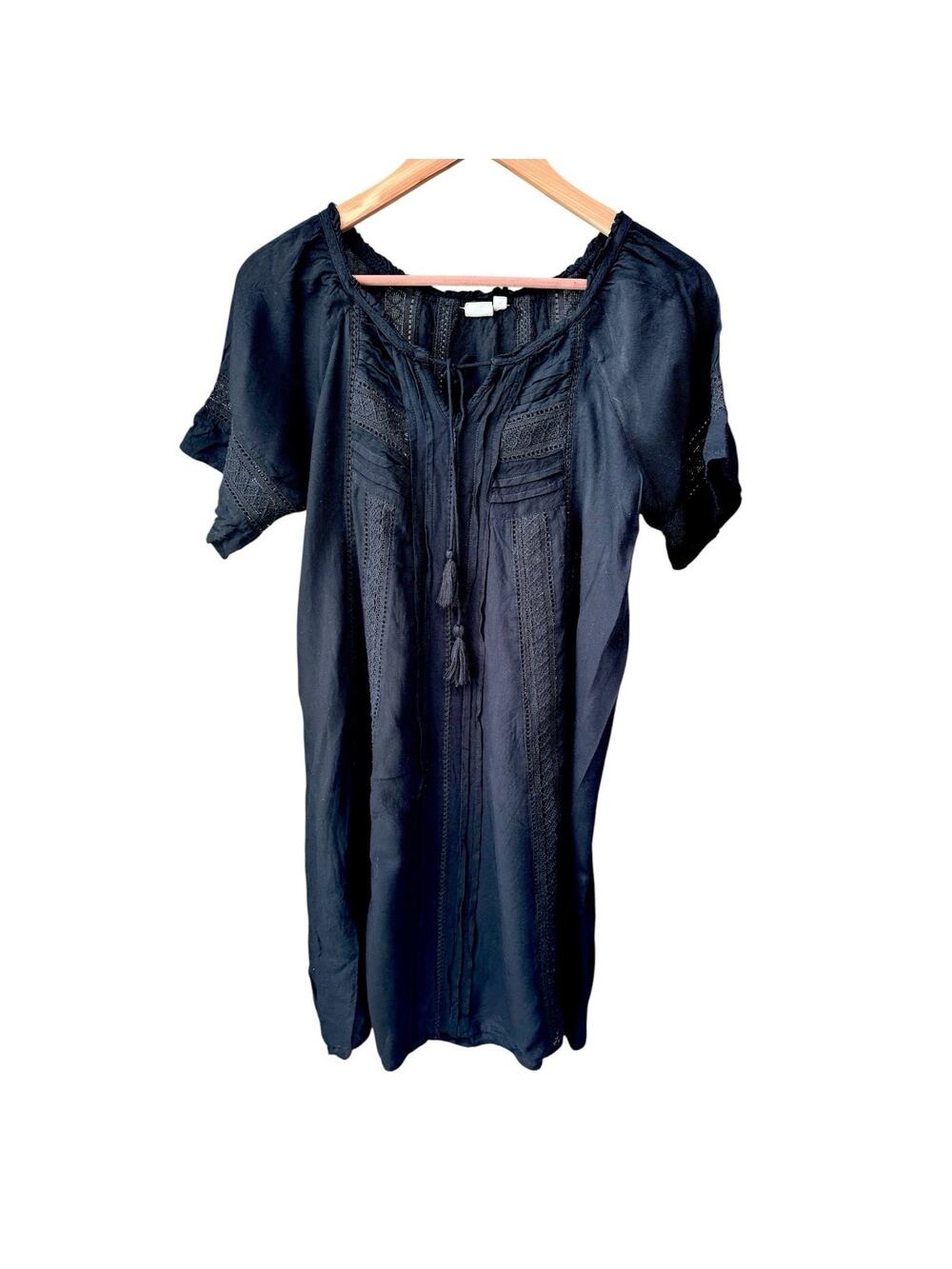 Lagaci Womens M Black Boho Peasant Dress Tassel Tie Crochet Lace Rayon Tunic